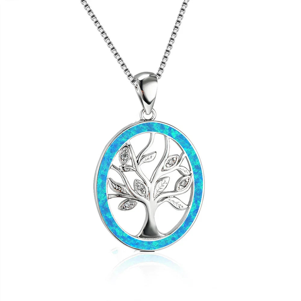 Silver Tree of Life Opal Necklace