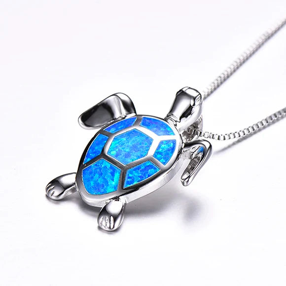 Silver Plated Opal Turtle Necklace