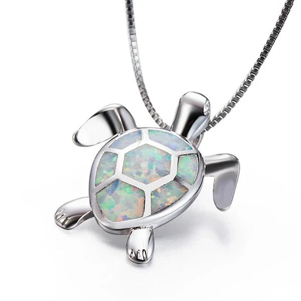 Silver Plated Opal Turtle Necklace