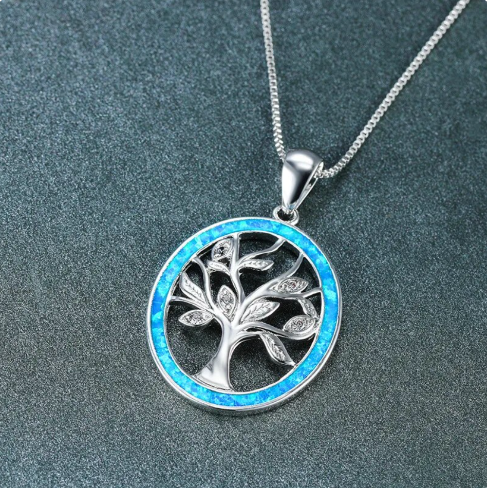 Silver Tree of Life Opal Necklace