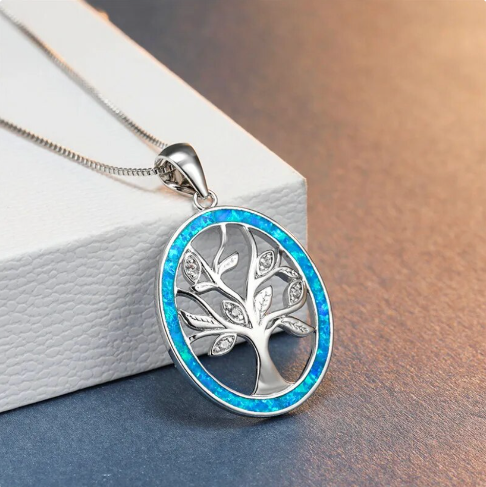 Silver Tree of Life Opal Necklace