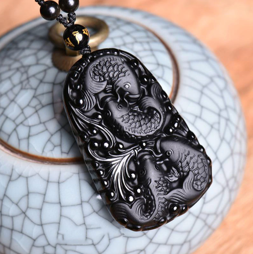 Koi Fish Obsidian Amulet