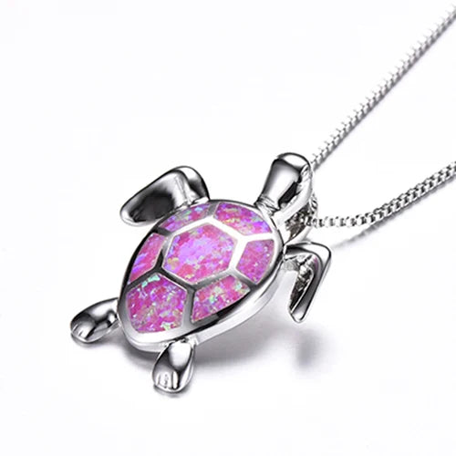 Silver Plated Opal Turtle Necklace