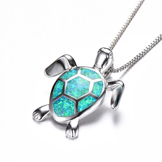 Silver Plated Opal Turtle Necklace