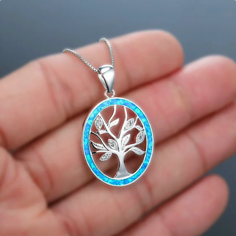 Silver Tree of Life Opal Necklace