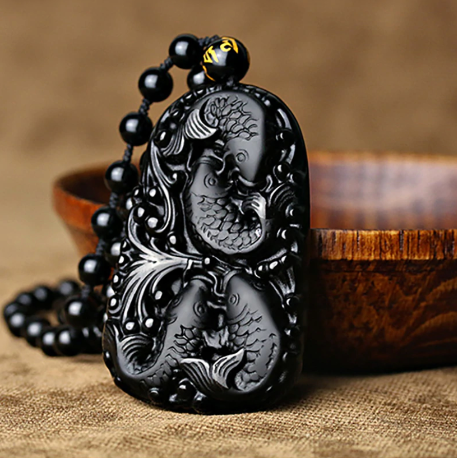 Koi Fish Obsidian Amulet
