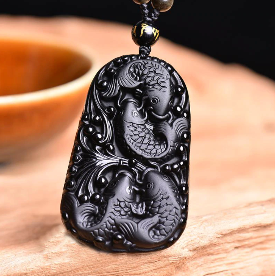 Koi Fish Obsidian Amulet